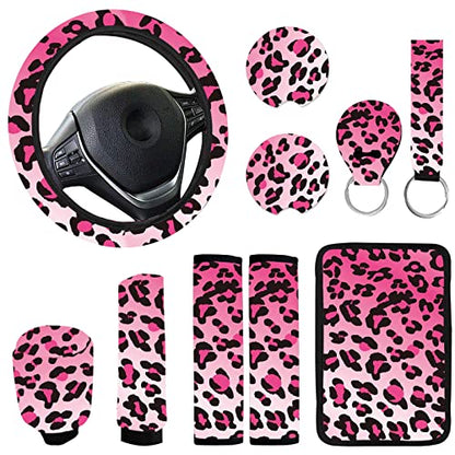 10 Pieces Leopard Print Printing Car Steering Wheel Cover Center Console Armrest Pad Headrest Seat Belt Cover Handbrake Cover Keychain Coaster Full Set Car SUV(Pink) - color: Pink