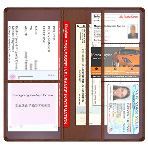 Car Insurance and Registration Holder, 9.5 x 5 Inch PU Leather Vehicle Glove Box Organizer Wallet Case for Insurance Card, Driver License, Paperwork - Brown - color: Brown