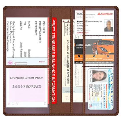 Car Insurance and Registration Holder, 9.5 x 5 Inch PU Leather Vehicle Glove Box Organizer Wallet Case for Insurance Card, Driver License, Paperwork - Brown - color: Brown