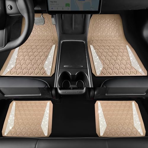 CAR PASS Bling Diamond Car Mats Rubber Floor Mats Full Set Anti-Slip 3D Rhombus Waterproof Trim to Fit Liner Universal Glitter Crystal Sparkly Shining Rhinestone Girl Women SUV Sedan Van, Beige Rubber - color: Beige Rubber