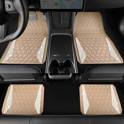 CAR PASS Bling Diamond Car Mats Rubber Floor Mats Full Set Anti-Slip 3D Rhombus Waterproof Trim to Fit Liner Universal Glitter Crystal Sparkly Shining Rhinestone Girl Women SUV Sedan Van, Beige Rubber - color: Beige Rubber