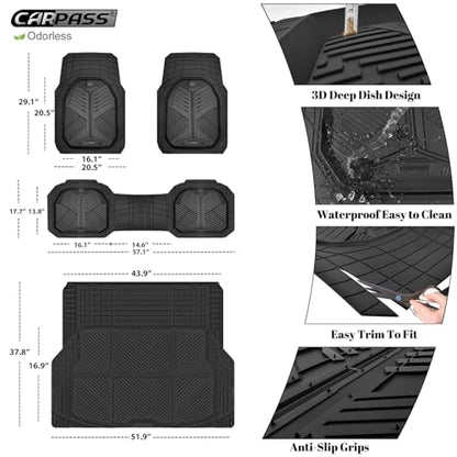 CAR PASS Heavy Duty Rubber Car Mats with Cargo Liner, Deep-Dish Car Floor Mats and Trunk Mat All Weather, Universal Trim-to-Fit for SUVs Trucks Sedans, Waterproof Anti-Slip, Trimmable V12 Black - color: All Black Full Set