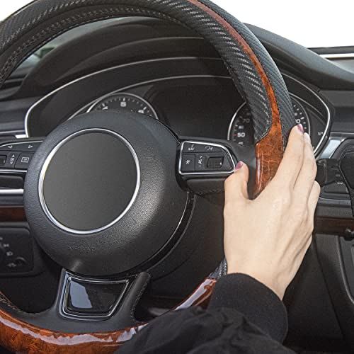 Wood Grain Steering Wheel Cover Black Universal Microfiber Leather, Suitable for 14 1/2-15 inch Comfortable Anti-Slip, Good Breathable and Odorless Car Steering Wheel Cover