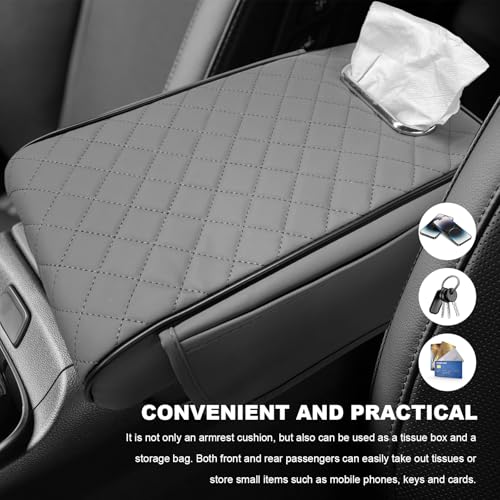 Car Center Console Cover, 13 × 7.1 × 3.0 Inch Leather Auto Armrest Cover with Pockets & Tissue Box, Waterproof Comfortable Center Console Cushion Pad for Cars Trucks SUVs (Gray) - color: Gray