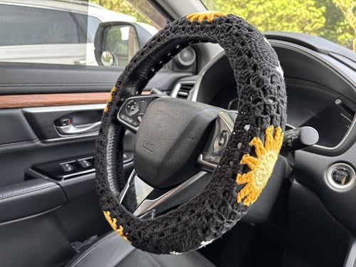 Handmade Crochet Sun Moon Car Steering Wheel Covers Universal 14-15 inch,Cute Steering Wheel Cover,Car Accessories (Black Steering Wheel Cover) - color: Black Steering Wheel Cover