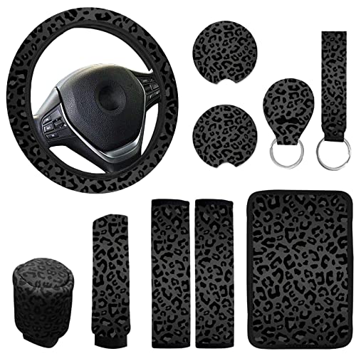 10 Pieces Leopard Print Car Steering Wheel Cover Center Console Armrest Pad Headrest Seat Belt Cover Handbrake Cover Keychain Coaster Full Set Car SUV(Leopard Print) - color: Leopard Print