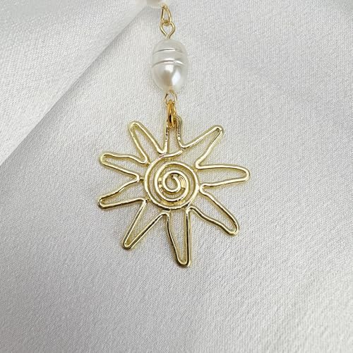 Sun Hanging Car Charm,Green and Gold Rear View Mirror Accessories Cute Boho Dangling Sun Car Decor Handmade Healing Crystals Stones Ornament Gifts for Women Men (White Pearl)
