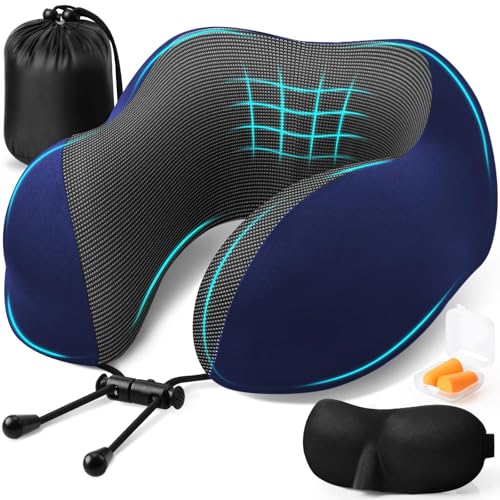 ExploreBliss Travel Pillow, Travel Pillows for Sleeping Airplane, Neck Pillow Airplane, Memory Foam Neck Pillow Set with Eye Mask, Earplugs and Storage Bag -Blue - color: Blue