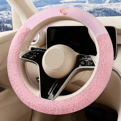 Pink Camellia Lambswool Steering Wheel Cover, for Universal Auto Steering Wheel 14.5-15 in, Lambswool Fabric, Anti-Slip, Soft Plush, Comforting and Luxurious, Embroidery Patterns, Soft Texture - color: Pink