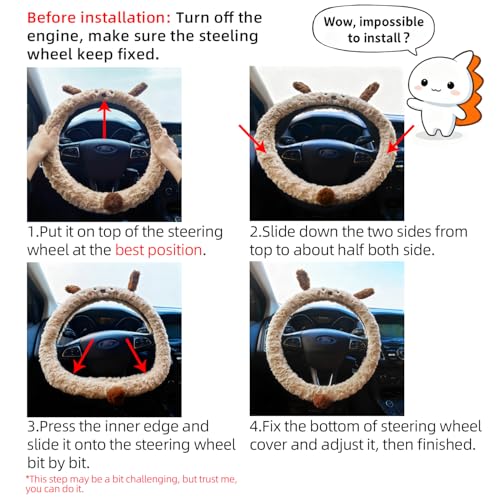Soft Plush Fluffy Steering Wheel Cover for Women Girls, Universal 14.5-15 Inch Non-Slip Warm Winter Car Steering Wheel Protector, Stylish Cartoon Car Interior Decoration Accessories