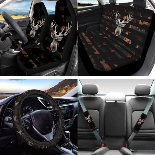American Flag Printed Car Accessories Sets, 16 Pack Camo Deer Printed Car Front and Back Seat Cover Steering Wheel Cover Safety Belt Cover Armrest Cover Car Head Rest Cover Car Coaster - color: Black and Brown - American Flag Camo Deer