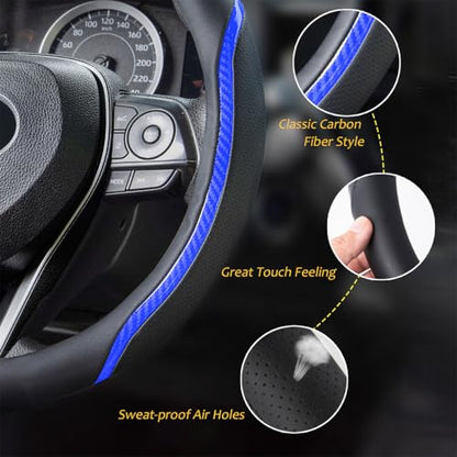 Steering Wheel Cover Blue, Carbon Fiber Car Steering Wheel Covers with Coasters Universal 14.5-15 inch Leather Microfiber Breathable Anti-Slip Steering Wheel Accessories Set - color: Blue, size: Medium
