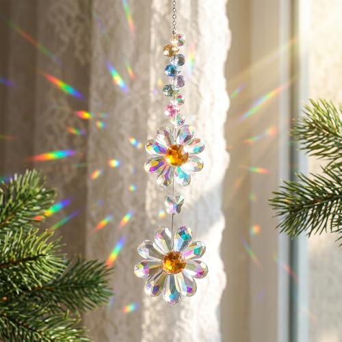 Suncatcher, Window Crystal Suncatcher Prism Flower Hanging Ornament Colorful Sunflower Rainbow Sun Catcher Prisms for Indoor Outdoor Home Patio Garden Charm Decor