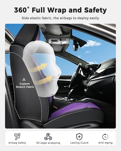 Huidasource Front Seat Covers, Universal Fit for Most Cars SUV Trucks, Full Coverage Nappa Leather Seat Cover, Airbag, Velcro Adjustable, Seat Function Retain, Black&Purple - color: FR: Black&Purple, size: Front