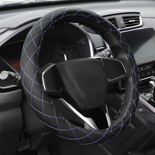 Auto Dynasty Steering Wheel Cover, Breathable Microfiber Leather Car Steering Wheel Protector with with Stylish Blue Diamond Stitch, Anti-Slip, [14 1/2 to 15 Inches] Universal Fit Cars Trucks SUVs - color: Stitched Blue