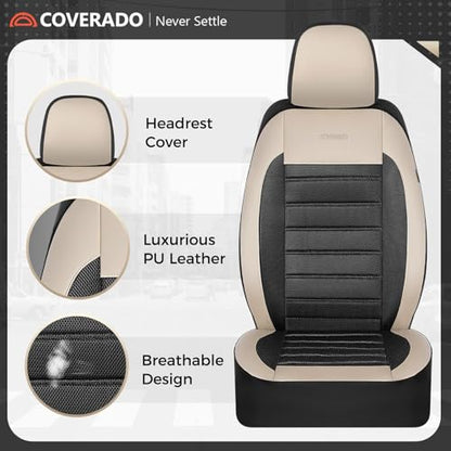 Coverado Car Seat Covers Front Seats, Luxury Leather Car Seat Covers, Automotive Mesh Seat Covers 2 Pack, Airbag-Compatible, Black Beige Seat Covers for SUV Sedan Truck