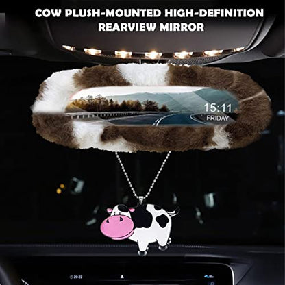 JINGSEN11 Pieces Fluffy Car Accessories Set,Fluffy Cow Print Plush Steering Wheel Covers for Women Soft Fleece Handbrake Cover Shift Cover Car Trim Warm Non-Slip(Brown) - size: brown