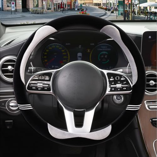14 inch Furry Cute Steering Wheel Cover, Soft Fluffy Short Plush Auto Accessories, Non-Slip Cold-Proof Sweat-Proof Colorfast(Black with Gray) - color: Round-Gray, size: Small[13.5''-14'']