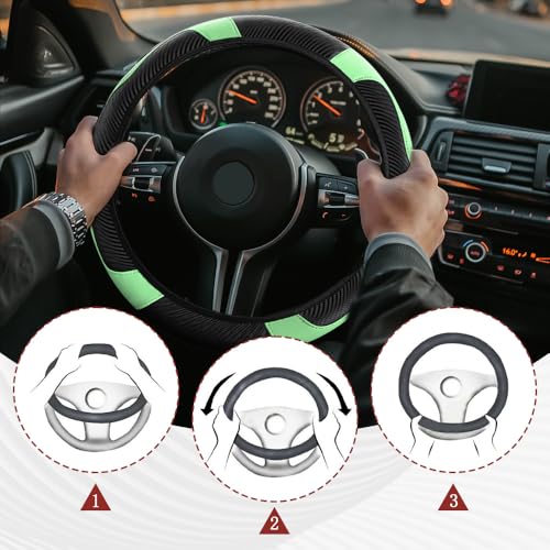 Car Steering Wheel Cover, Steering Wheel Protector, Universal 14.5-15 Inch Microfiber Leather Breathable Auto Steering Wheel Covers, Carbon Fiber Steering Wheel Cover for Women Men (Green) - color: Green