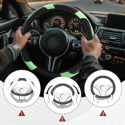 Car Steering Wheel Cover, Steering Wheel Protector, Universal 14.5-15 Inch Microfiber Leather Breathable Auto Steering Wheel Covers, Carbon Fiber Steering Wheel Cover for Women Men (Green) - color: Green