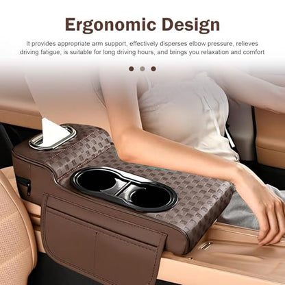 Car Armrest Cushion, Classic Grid Pattern Car Center Console Cover Pad, Waterproof 4-in-1 Armrest Cover with Tissue Box, Cup Holder, 2 Storage Bags, Universal for Most Cars (Coffee) - color: Coffee