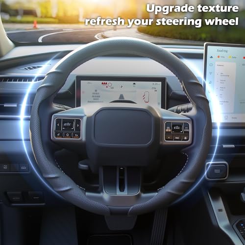 Leather Steering Wheel Cover – 14.5-15 in Universal Black, Perforated Breathable Grip, Anti-Slip Sport Ridge Pattern, Odor-Free Car Interior Upgrade for Cars Trucks SUVs