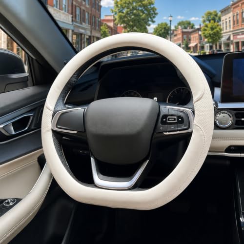 D Shaped Steering Wheel Cover, Flat Bottom Car Wheel Cover 14 1/2-15 inch (37-39 cm), Non-Folding Packaging, Microfiber Leather, Black and Light Creamy White - color: Light Creamy White, size: D Shaped: Medium 14 1/2''-15''
