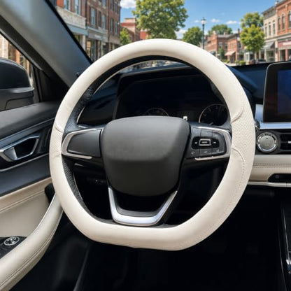 D Shaped Steering Wheel Cover, Flat Bottom Car Wheel Cover 14 1/2-15 inch (37-39 cm), Non-Folding Packaging, Microfiber Leather, Black and Light Creamy White - color: Light Creamy White, size: D Shaped: Medium 14 1/2''-15''
