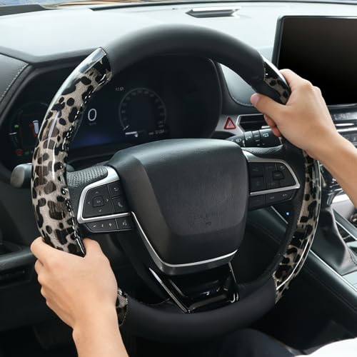 KAFEEK Black Leopard Cheetah Steering Wheel Cover, Universal 15 Inch, Anti-Slip PU Leather Car Steering Wheel Protector for Men Women, Fit for Cars, Auto, SUVs