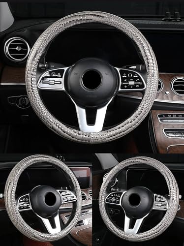 Luxury Crocodile Texture Glossy Leather Car Steering Wheel Cover, New Universal 15 Inch Vehicle Steering Wheel Cover for Cars, Trucks, Suvs, Pickups Interior Accessories (Gray) - color: Gray