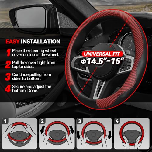 Auto Dynasty Steering Wheel Cover, Breathable Microfiber Leather Car Steering Wheel Protector with Red Black Carbon Fiber Stitching, Anti-Slip, [14 1/2 to 15 Inches] Universal Fit Cars Trucks SUVs - color: Carbon Fiber Red A