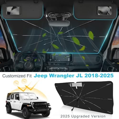Windshield Sun Shade Umbrella Custom Fit for Jeep Wrangler JL 2018-2025 2026 Foldable UV Protection Car Cover, Emergency Rain Shield & Dashboard Protector - Durable Auto Accessory - size: For Jeep Wrangler JL 2018+