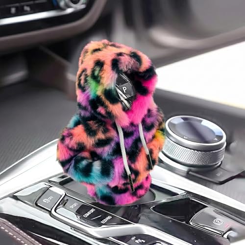 Universal Plush Hoodie Car Shift Knob Cover, Cozy Gear Shift Cover for Manual and Automatic Vehicles, Fun Car Interior Decor Accessories (Pink Leopard) - color: Pink leopard