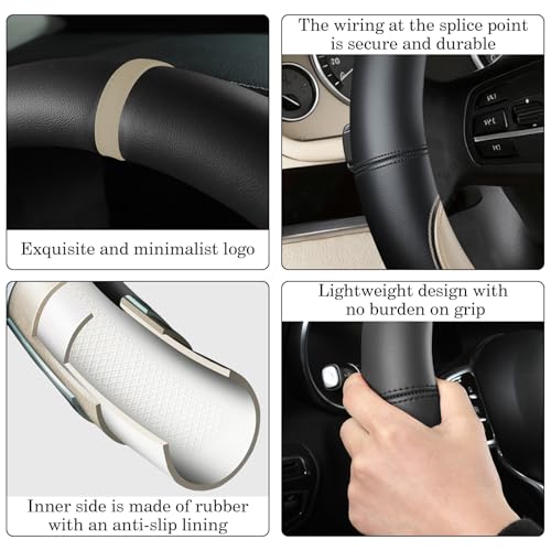 Black Beige Car Steering Wheel Cover, Nappa Leather, Bottom Color Blocking, Universal 14.5-15 Inch Leather Anti-Slip Breathable Auto Steering Wheel Covers for Men Women - color: Black Beige