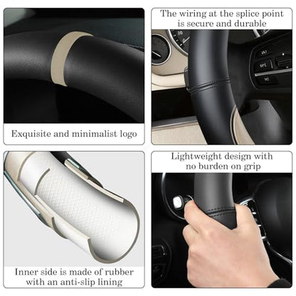 Black Beige Car Steering Wheel Cover, Nappa Leather, Bottom Color Blocking, Universal 14.5-15 Inch Leather Anti-Slip Breathable Auto Steering Wheel Covers for Men Women - color: Black Beige