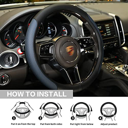 Steering Wheel Cover, Microfiber Leather Splicing with Classic Embossing,Contrasting Colors Anti-Slip Breathable Auto Car Steering Wheel Cover Fit 15 Inch Car Wheel Protector (Black&Blue) - color: Black&Blue