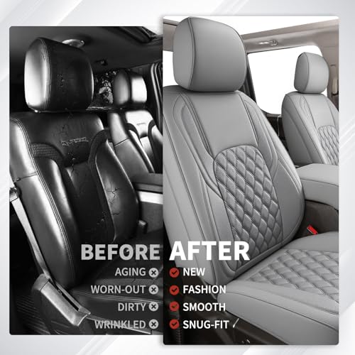 Huidasource Tacoma Front&Back Seat Covers, Gray Leather Car Seat Cushion Cover Accessories Fit for 2016-2023 Double & Crew Cab Toyota Tacoma SR SR5 Limited TRD Sport/Pro/Off Road(Full Set/Gray)