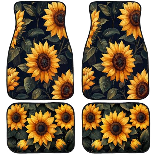Sunflower Car Floor Mats Set of 4 Black Yellow Vintage Watercolor Automotive Car Floor Carpets Non-Slip Auto Car Accessories Universal Fit Car Accessories for Truck - color: Sunflower