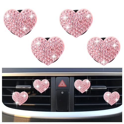 4PCS Heart-Shaped Car Vent Clips with Rhinestone,Bling Air Vent Clips Car Decorations,Premium Shiny Car Clips for Vents CCar Accessories Interior for Cars,Trucks,SUVs (Pink) - color: Pink
