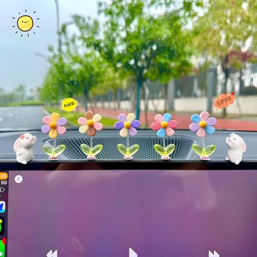 7PCS Cute Car Dashboard Decorations, Shaking Spring Flower & Funny Bunny Vehicle Center Console Ornament, Automotive Rearview Mirror Decor for Men Women, Universal Fit