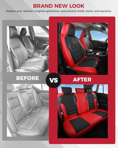 FREESOO Universal Full Seat Covers, Waterproof Faux Leather Automotive Seat Covers with Carbon Fiber Texture Seat Belt Pads, Anti-Slip Airbag Compatible Car Seat Covers for Cars SUVs Trucks - color: Red Black, size: Full Set - 5 Seats
