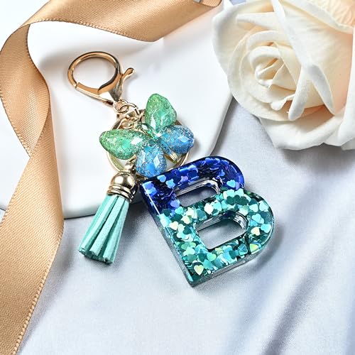 JINGUAZI Initial letter Keychains for Women Tassel Butterfly Pink Purple Cute Car Keychain for Wallet Backpack bag charm - color: B-blue Green
