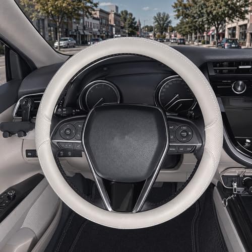 Steering Wheel Cover Universal Standard Size 14.5-15 inch, Non-Folding Packaging, Breathable Microfiber Leather, Anti-Slip, Soft Grip, Fits Most Cars SUVs Trucks, Light Creamy Gray - color: Light Creamy Gray, size: Round Shaped: Medium 14 1/2''-15''