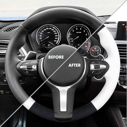 MEWANT Hand-Stitched Steering Wheel Cover for BMW (M Sport) F22 F23 F30 F34 F32 F33 F36 F10 F07 F12 F13 F06 F39 F25 F26 F15 F16, DIY Custom Fit Steering Wheel Wrap for BMW - color: 13:IT-ALCAN with blue layer & white leather
