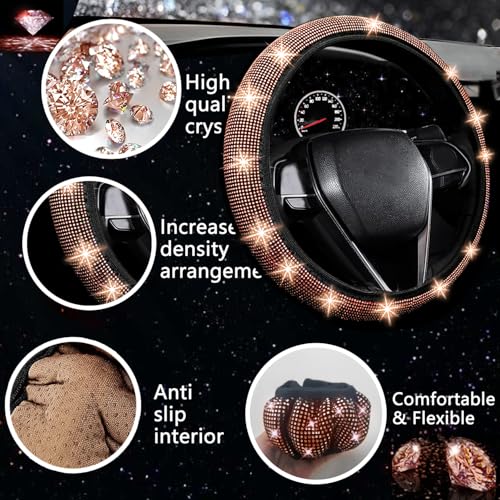 NBTEPEM 27 PCs Gold Champagne Bling Car Accessories Set for Women, Steering Wheel Covers Universal Fit 15 Inch, Bling License Plate Frame, Bling Phone Holder, Bling Car Coasters - color: Gold Champagne