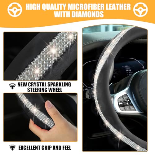 Black Steering Wheel Cover，with Bling Crystal Rhinestone, Delicate and Anti-Slip Sparkly Sedan Steering Wheel Cover ，Adaptable to 14.5-15 inches Steering Wheel, LPFS1