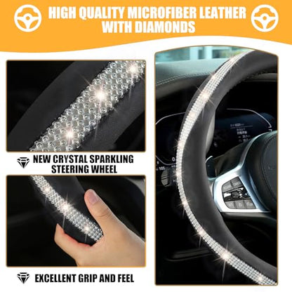 Black Steering Wheel Cover，with Bling Crystal Rhinestone, Delicate and Anti-Slip Sparkly Sedan Steering Wheel Cover ，Adaptable to 14.5-15 inches Steering Wheel, LPFS1