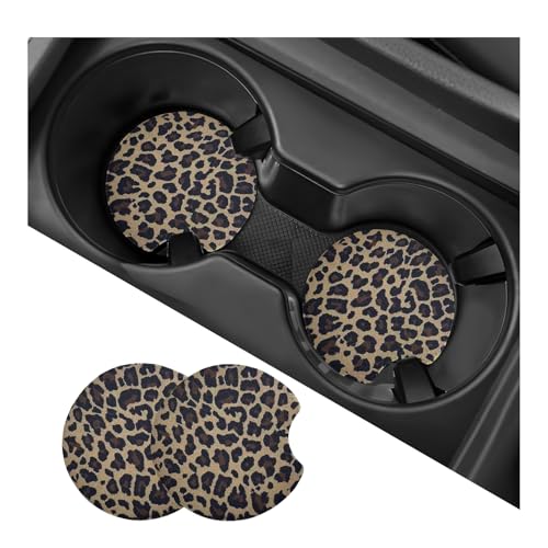 2PCS Car Cup Holder Coasters, Leopard Print Absorbent Rubber Insert Coaster with Finger Notch, Anti-Slip Drink Cup Mat Cute Vehicle Interior Accessories for Women Men (C2) - color: C2