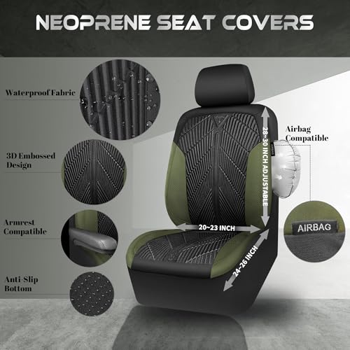 CAR PASS Waterproof Car Seat Covers Front Seats Covers Neoprene Wetsuit, All-Weather Non-Slip Durable,Universal Fit for SUV Sedans Trucks Vans Automotive,Armrest Airbag Compatible,Emboss 2 Black Green - color: Black and Green, size: Two Front