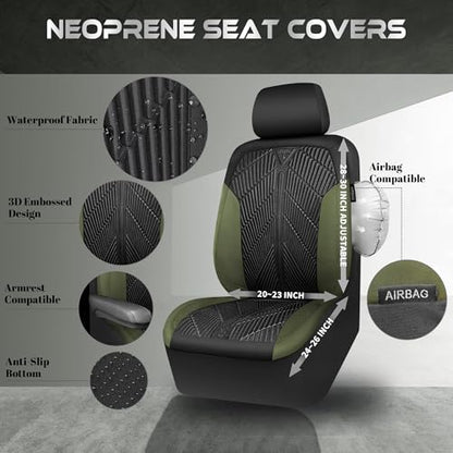 CAR PASS Waterproof Car Seat Covers Front Seats Covers Neoprene Wetsuit, All-Weather Non-Slip Durable,Universal Fit for SUV Sedans Trucks Vans Automotive,Armrest Airbag Compatible,Emboss 2 Black Green - color: Black and Green, size: Two Front